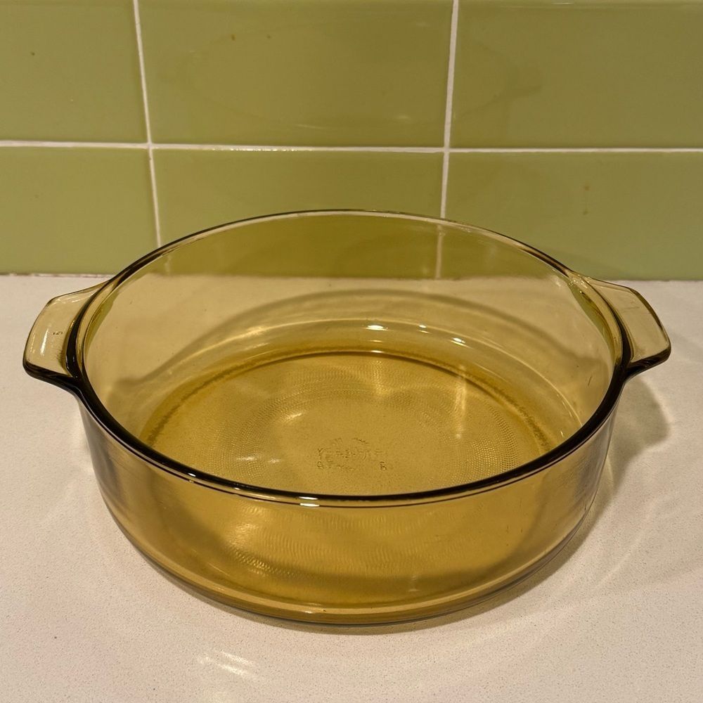 Vintage Pyr-O-Rey Amber Glass Casserole Dish with Tab Handles